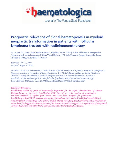 Pdf Prognostic Relevance Of Clonal Hematopoiesis In Myeloid