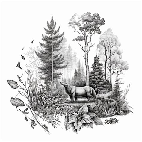 Premium Photo Drawing Of A Deer In A Forest With Trees And Birds