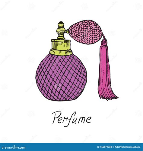 Perfume Pink Vintage Bottle With Inscription Hand Drawn Doodle Sketch