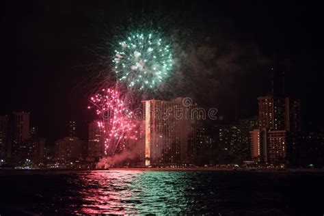 Fireworks at the Waikiki Beach on Oahu Stock Image - Image of island ...