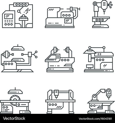 Industrial Machines Line Icons Factory Royalty Free Vector