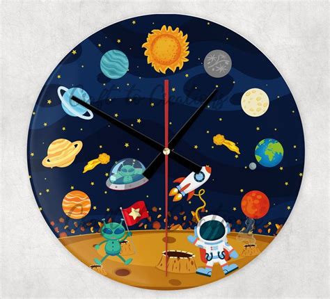 Space Clock Kidschildrens Glass Wall Clock With Space Theme Can Be