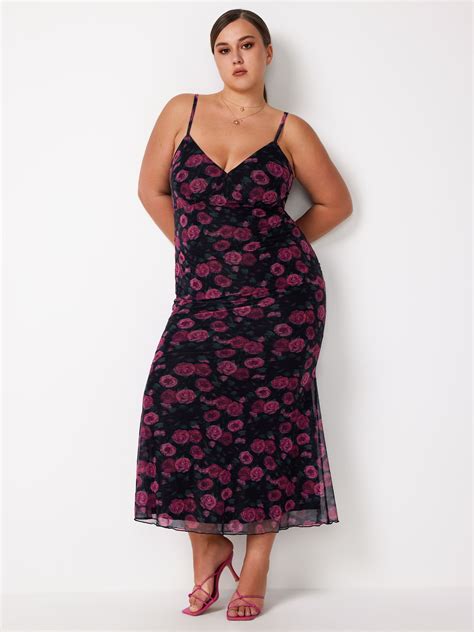 Curve And Plus Mesh V Neck Floral Slip Maxi Dress For Date Vacation