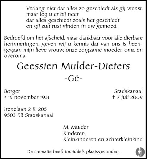 Geessien Gé Mulder Dieters 07 07 2009 overlijdensbericht en