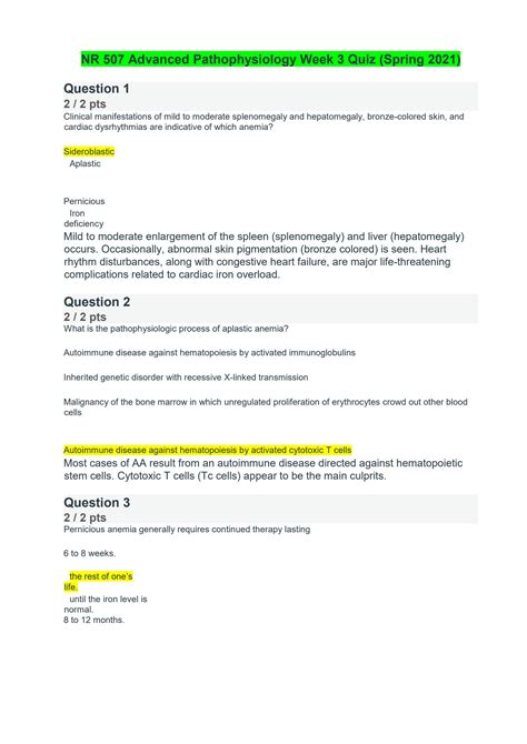 SOLUTION Nr 507 Advanced Pathophysiology Week 3 Quiz Spring 2021