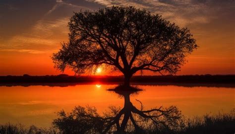 Premium AI Image Golden Acacia Tree Reflects Vibrant Sunset Over