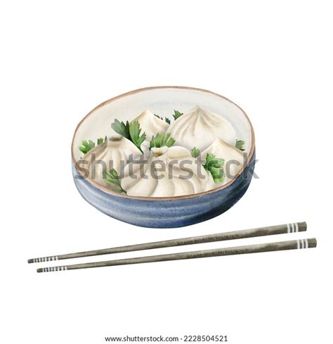 Watercolor Ceramic Bowl Traditional Chinese Dumplings Stock