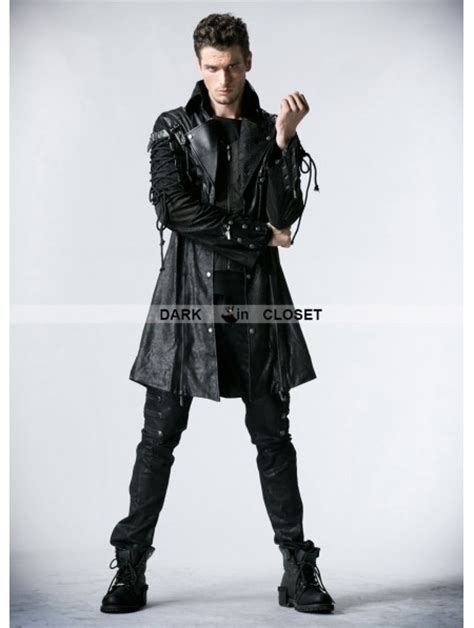 Punk Rave Black Long Sleeves Leather Gothic Trench Coat For Men