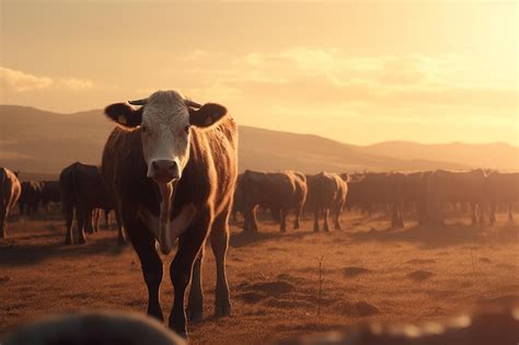 Una Vaca Se Encuentra En Un Campo Con La Puesta De Sol Detr S De Ella