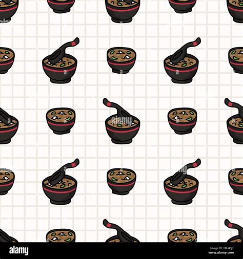 Kawaii Miso Soup Japanese Meal Seamless Vector Pattern Hand Drawn