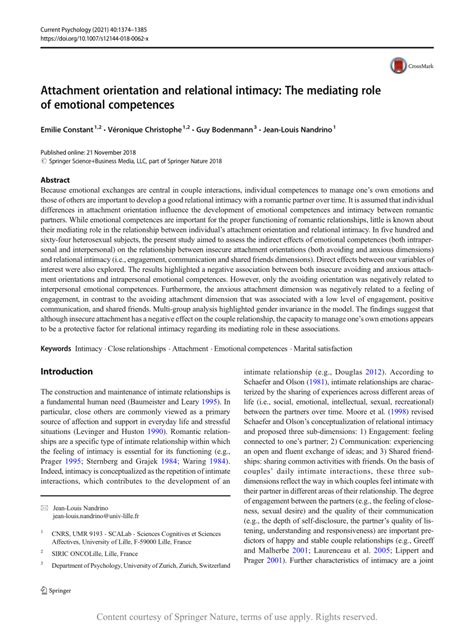 Attachment Orientation And Relational Intimacy The Mediating Role Of