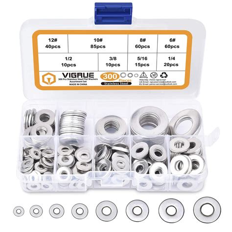 VIGRUE 304 Stainless Steel Flat Washers Assortment Washers Hardware Set