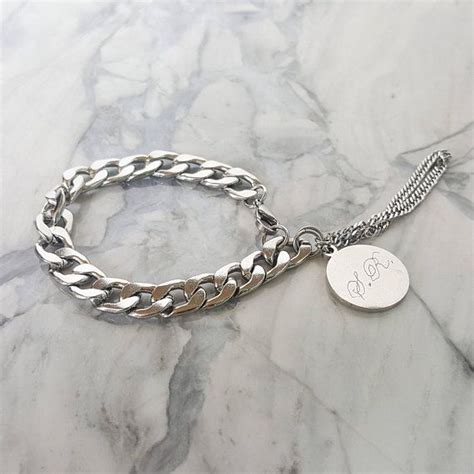 Initial Monogram Curb Chain Braceletengraveable Disk Charmsatinless