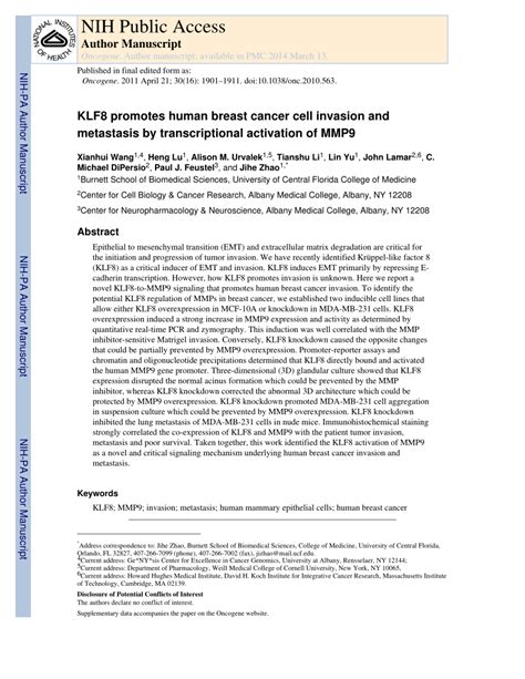 Pdf Klf8 Promotes Human Breast Cancer Cell Invasion And Metastasis By