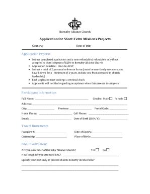 Fillable Online First Alliance Church Short Term Missions Application