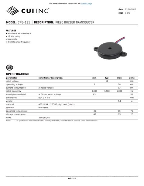 CPE-121 Datasheet - PIEZO BUZZER TRANSDUCER | CUI Inc