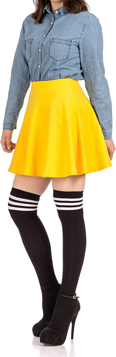 Basic Solid Stretchy Cotton High Waist A Line Flared Skater Mini Skirt