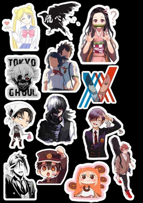 Various Anime Stickers On A Black Background