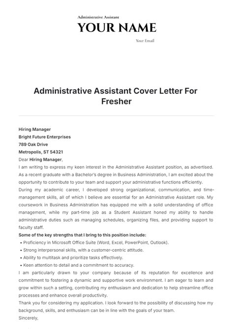 Free Administrative Assistant Cover Letter For Fresher Template Edit Online And Download