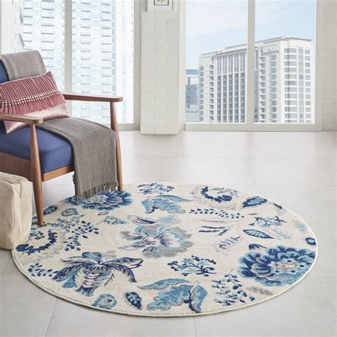 Nourison Tranquil Floral Ivory Light Blue X Round Area Rug