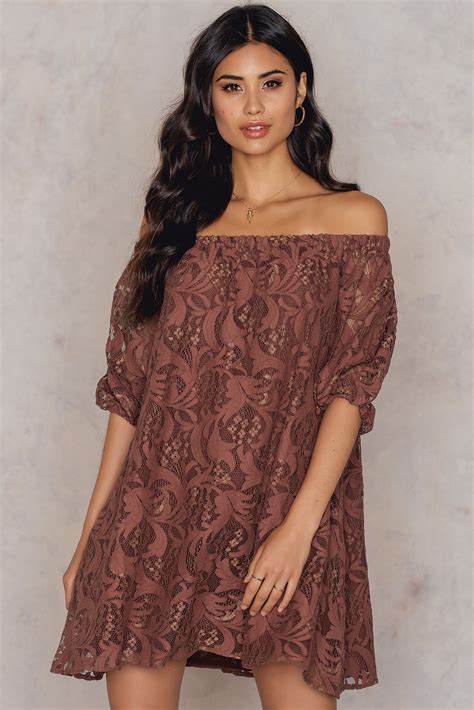 Off Shoulder Balloon Sleeve Dress Braun Na Kd