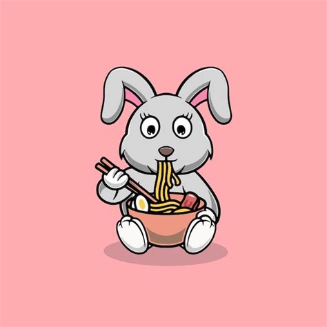 Premium Vector Cute Rabbit Eating Ramen Noodles Cartoon Illustration