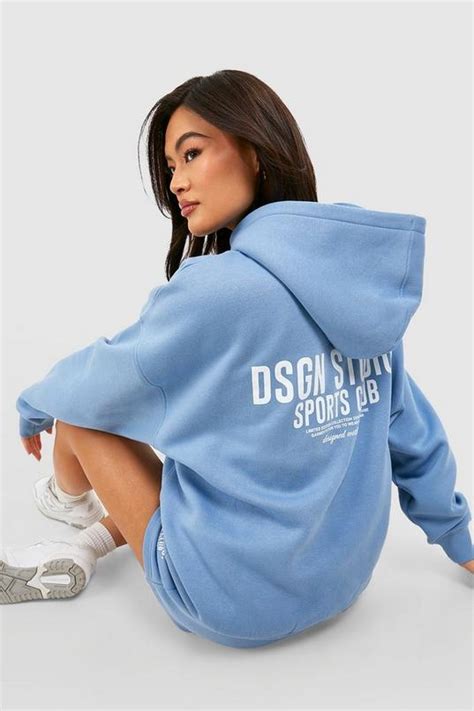 Womens Blue Dsgn Studio Sports Club Slogan Oversized Hoodie Boohoo Uk