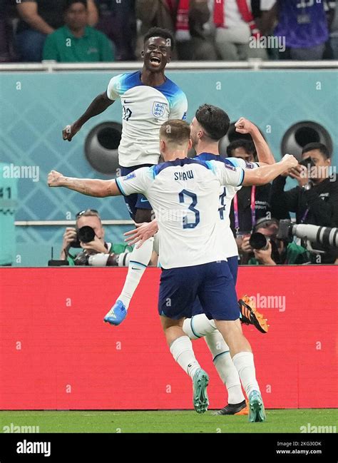 Englands Bukayo Saka Left Celebrates Scoring Their Sides Second