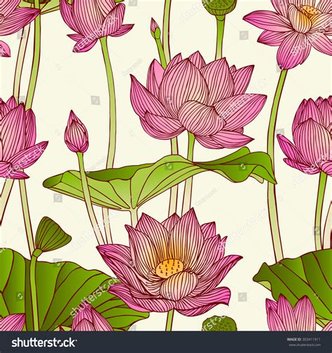 Vector Seamless Pattern Lotus Flowers Stock Vector Royalty Free 303411911 Shutterstock