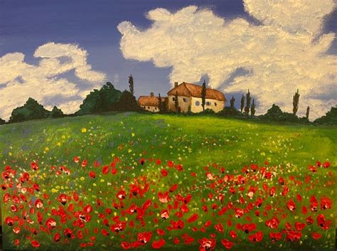 Tuscan Poppy Field Acrylics On 12 X 16 Canvas Board Etsy