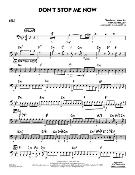 Queen Dont Stop Me Now Arr Paul Murtha Bass Sheet Music And Printable Pdf Music Notes