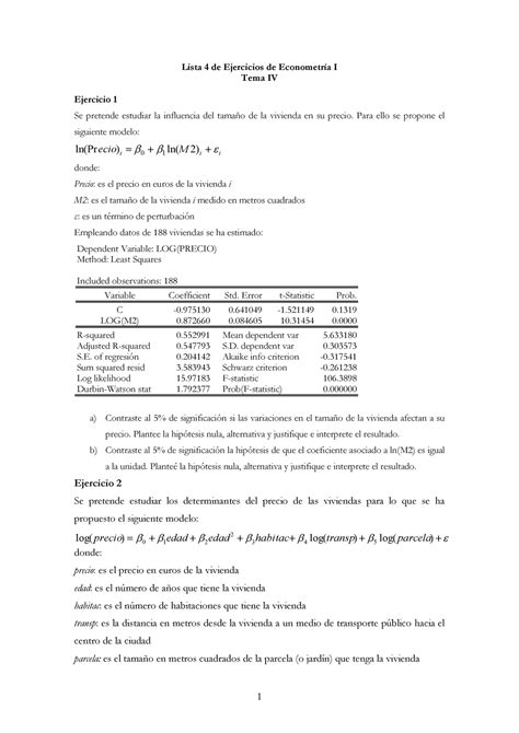 Hoja Ejercicios Econometria Lista De Ejercicios De