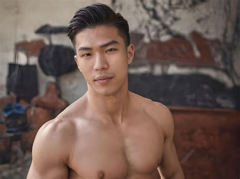 Hot Shirtless Muscular Asian Man Looking At Camera In The Building