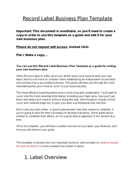 Label Business Plan Template