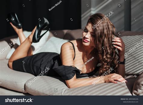 Portrait Sexy Brunette Black Dress On Stock Photo Shutterstock
