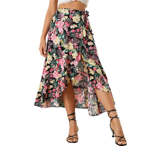 Allegra K Womens Floral Print Ruffle Self Tie Knot Split Beach Wrap Midi Skirt