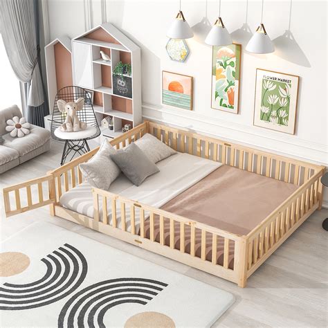 uhomepro Low Profile Kids Toddler Bed with Fence and Door, Queen Size ...