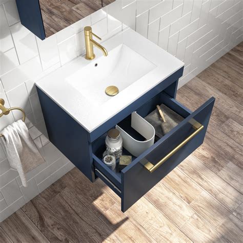 Grade A1 800mm Blue Wall Hung Vanity Unit With Basin And Brushed Brass Handle Ashford