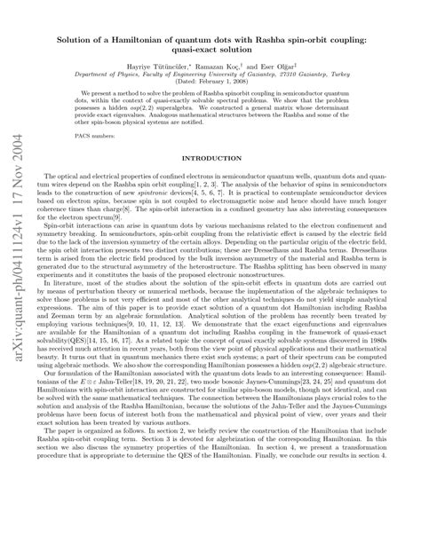 [PDF] Solution of a Hamiltonian of quantum dots with Rashba spin - Orbit coupling: Quasi-exact ...