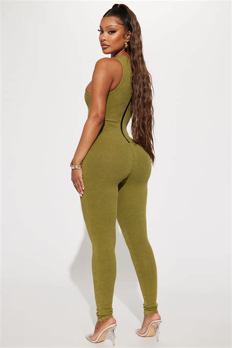 Serena Mineral Wash Rib Jumpsuit Olive Fashion Nova