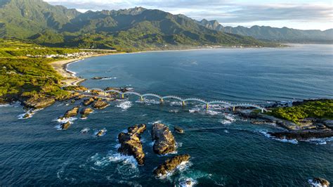 Top Angle View Sea Bridge Mountains Trees Bushes Rocks Nature Wallpaper ...