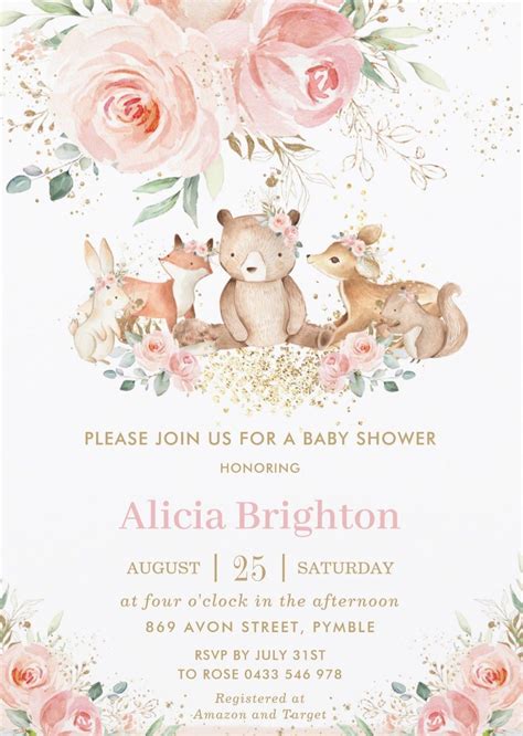 Adorable woodland forest animals baby shower invitations for girls ...