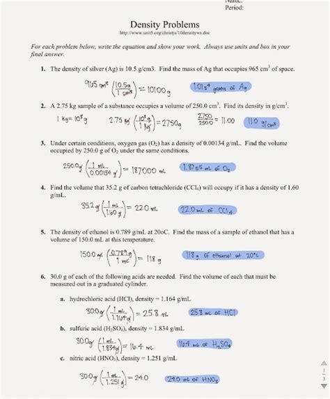 Density Practice Problems Chemistry