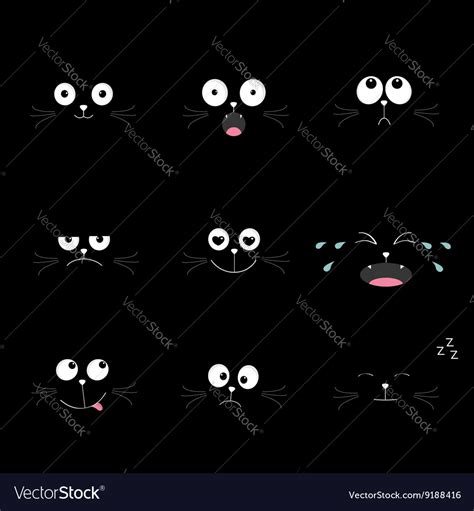 Cute Black Cat Head Set Funny Cartoon Characters Vector Image