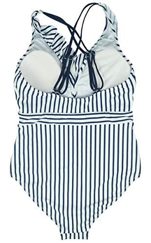 COCOSHIP Navy Blue White Stripe Women S One Piece Bather Crisscross Back Bikini Flounce
