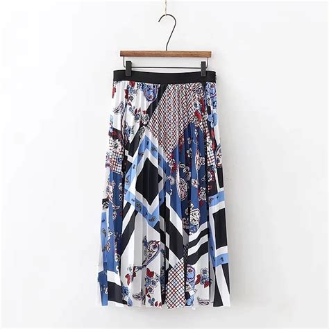 2019 New Fashion Women Patchwork Printing Pleated Skirt Casual Lady