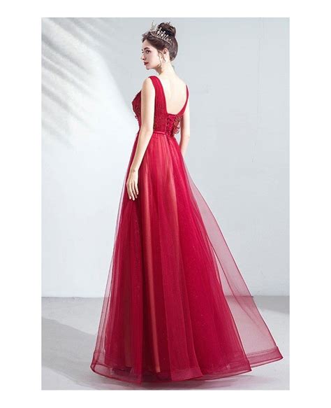 Burgundy Red Tulle Aline Prom Dress With Illusion Vneck Wholesale