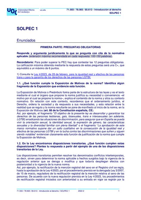 PEC1 Introduccion AL Derecho Solución SOLPEC 1 SOLPEC 1 Enunciados