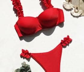 Womens Ruffled Straps Red Bikini Set Swimwear On Luulla