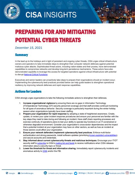 Cisa Insights Preparing For And Mitigating Potential Cyber Threats